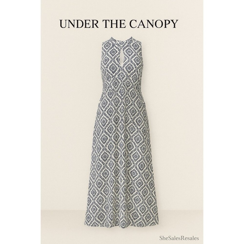 Under the Canopy Silk Maxi Dress Blue White Boho Print Sleeveless Keyhole Lined